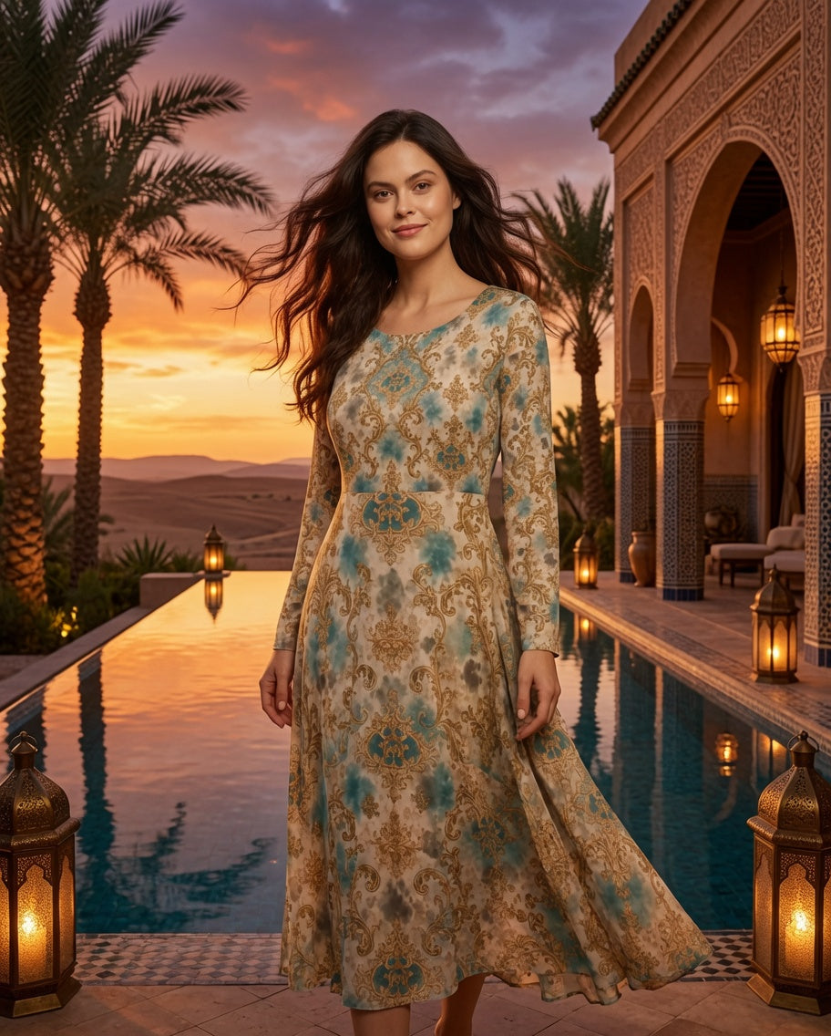 Vintage Baroque Long-Sleeve Dance Dress — Teal & Gold AOP