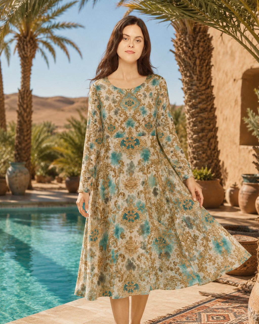 Vintage Baroque Long-Sleeve Dance Dress — Teal & Gold AOP