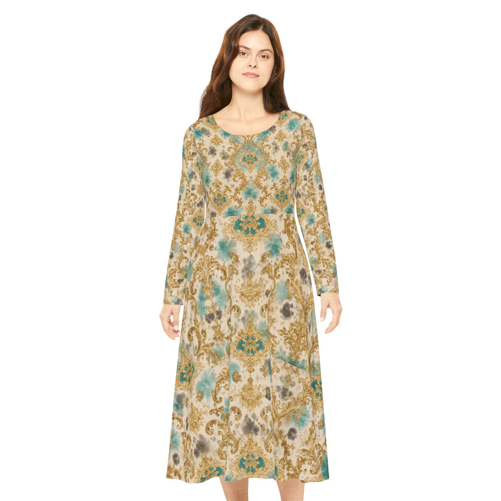 Vintage Baroque Long-Sleeve Dance Dress — Teal & Gold AOP
