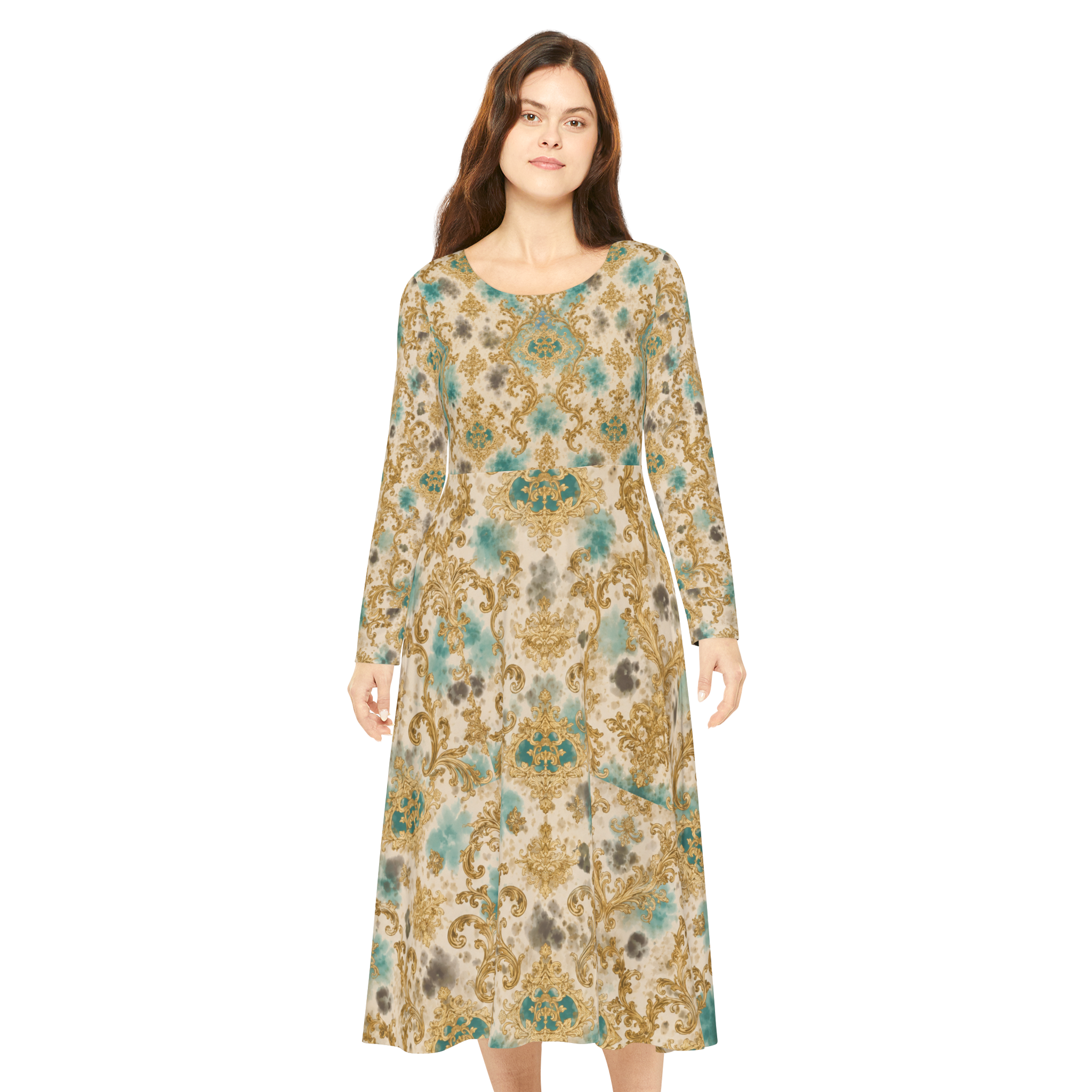 Vintage Baroque Long-Sleeve Dance Dress — Teal & Gold AOP