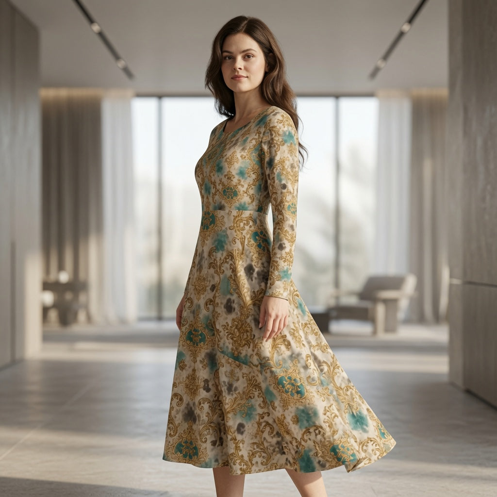 Vintage Baroque Long-Sleeve Dance Dress — Teal & Gold AOP