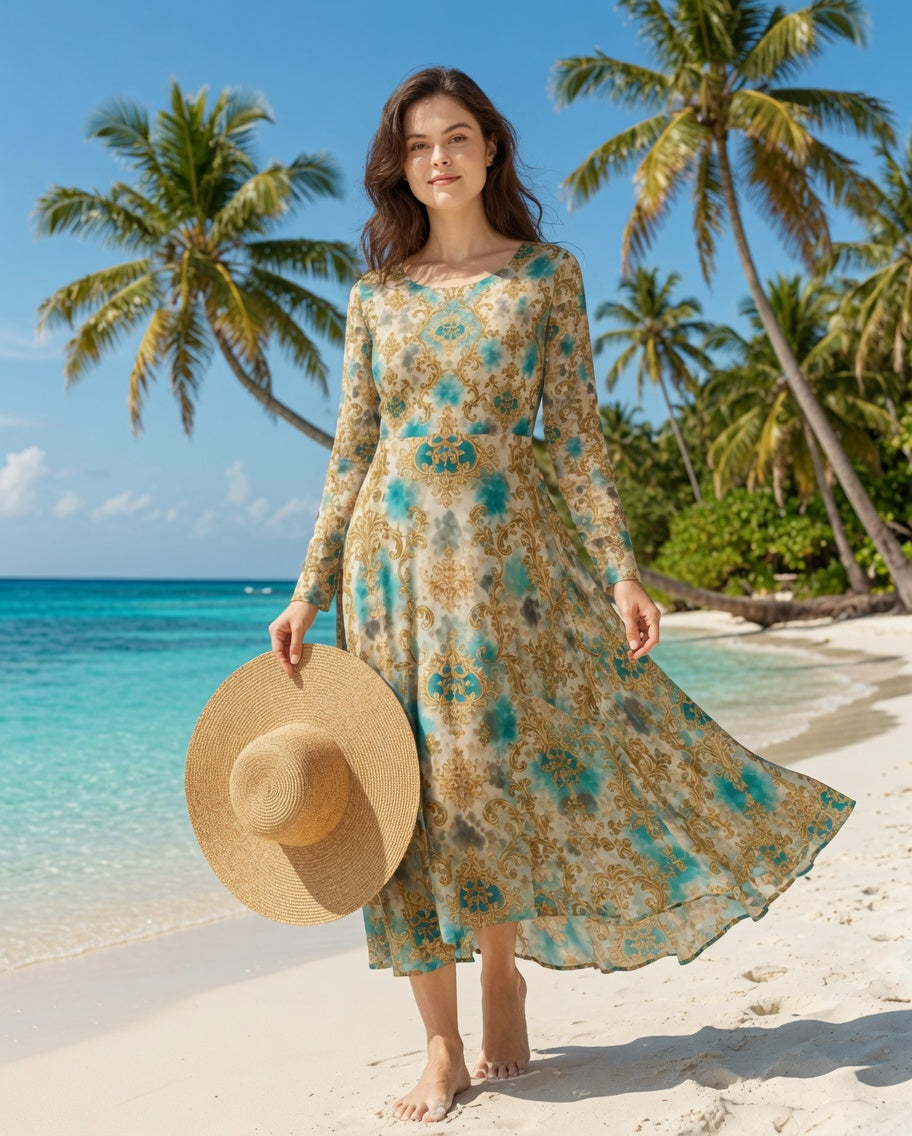 Vintage Baroque Long-Sleeve Dance Dress — Teal & Gold AOP