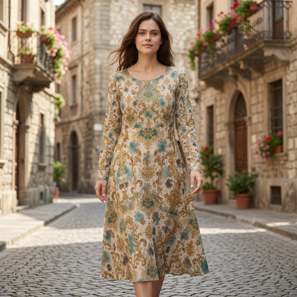 Vintage Baroque Long-Sleeve Dance Dress — Teal & Gold AOP